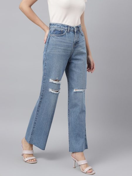 Women Blue Comfort  Mildly Distressed Wide Leg High-Rise Non Stretchable Jeans