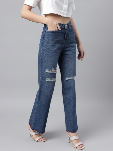 Women Navy Blue Comfort  Mildly Distressed Wide Leg High-Rise Non Stretchable Jeans