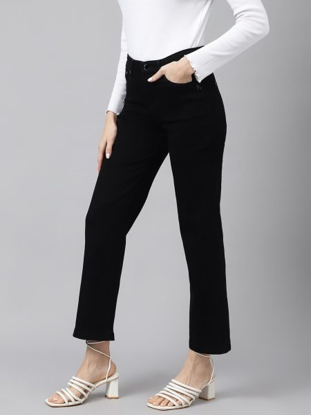 Women Black Comfort Wide Leg High-Rise Heavy Fade Stretchable Jeans
