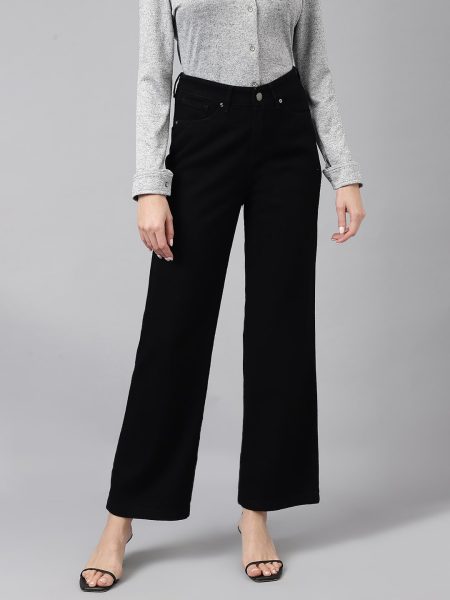 Women Black Comfort Wide Leg High-Rise  Elasticated Non Stretchable Jeans