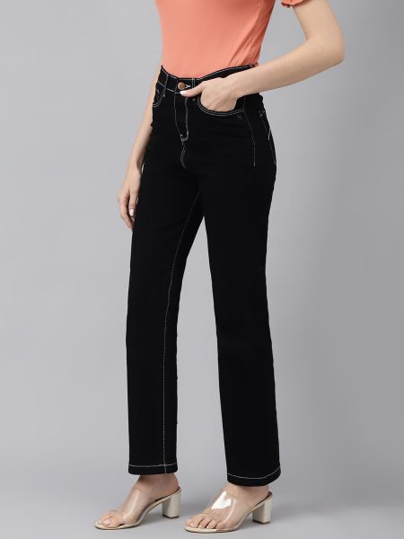 Women Black Comfort Wide Leg High-Rise No Fade Stretchable Jeans