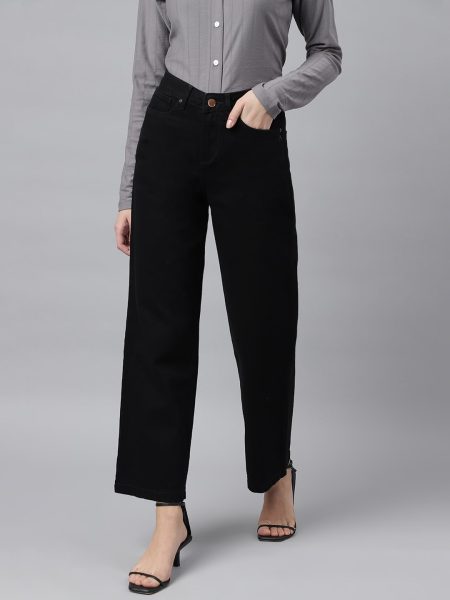 Women Black Comfort Wide Leg High-Rise Non Stretchable Jeans