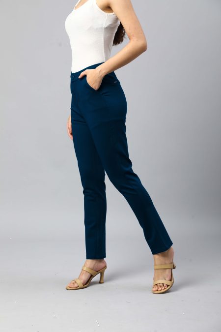 Women Turkish Blue Smart Straight Fit High-Rise Trousers