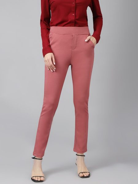 Women Dark Pink Solid Slim Fit Trousers