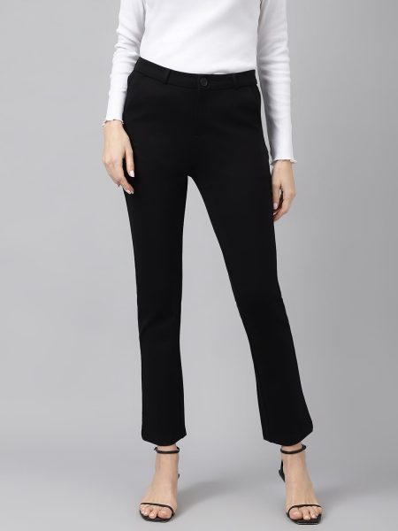 Women Black Comfort Straight  Slim Fit  High-Rise Trousers