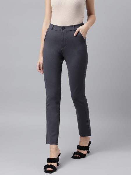 Women Dark Grey Comfort Straight  Slim Fit  High-Rise Trousers