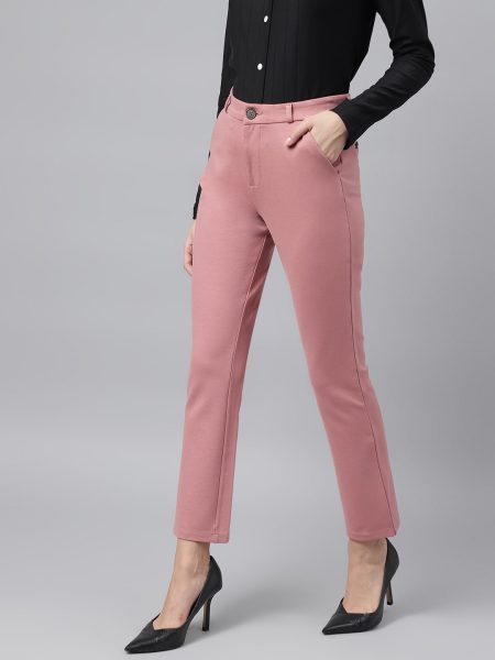 Women Dusty Pink Comfort Straight  Slim Fit  High-Rise Trousers