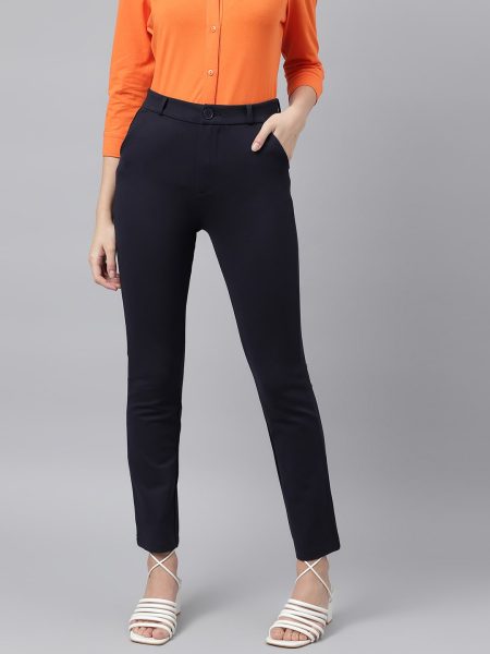 Women Navy Comfort Straight  Slim Fit  High-Rise Trousers