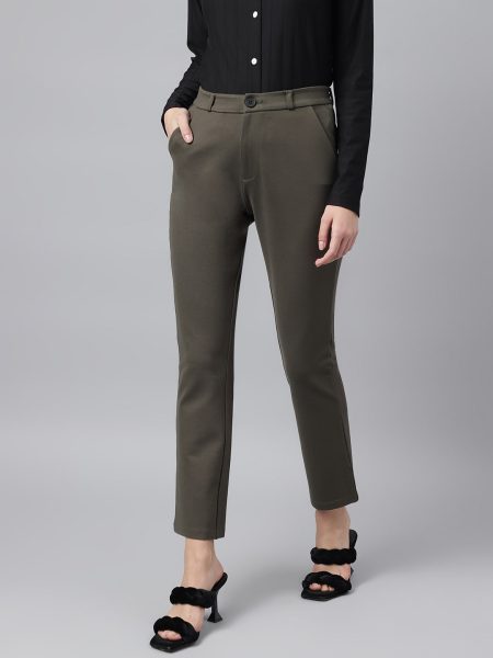Women Olive Comfort Straight  Slim Fit  High-Rise Trousers