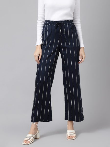 Women Navy Blue & White Regular Fit Striped Trousers