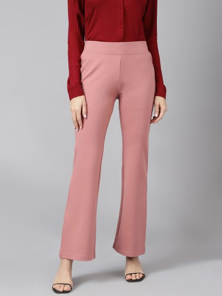 Women Dustypink Comfort Flared High-Rise Trousers