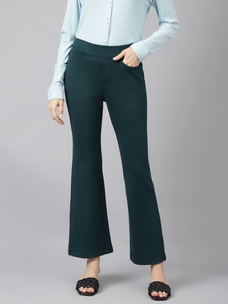 Women Green Comfort Flared High-Rise Trousers
