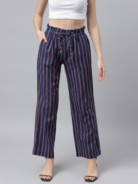 Women Navy Blue & Orange Regular Fit Striped Trousers