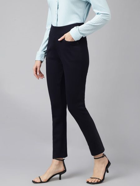 Women Navy Blue Comfort Slim Fit  High-Rise Trousers