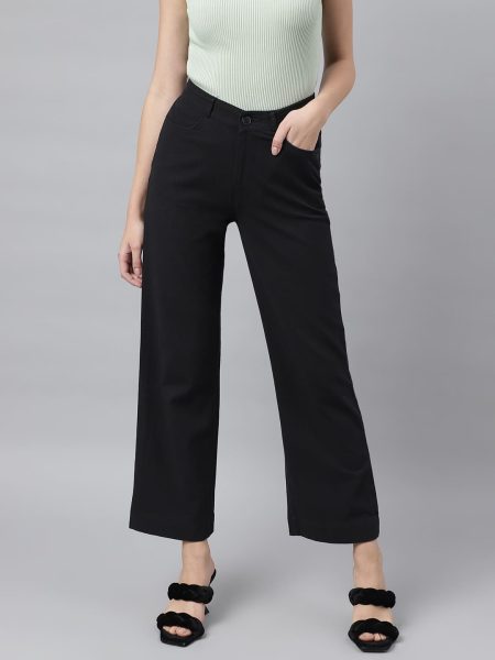 Women  Black Cotton Textured Parallel Trousers