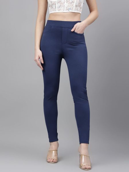 Women Navy Solid Flexible Slim Fit Trousers