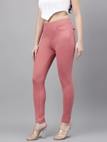 Women coral Solid Flexible Slim Fit Trousers