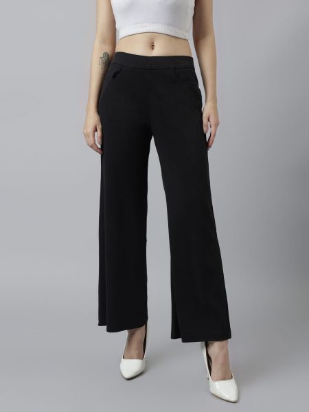 Women Black Ribbed Wide Leg High-Rise Trousers
