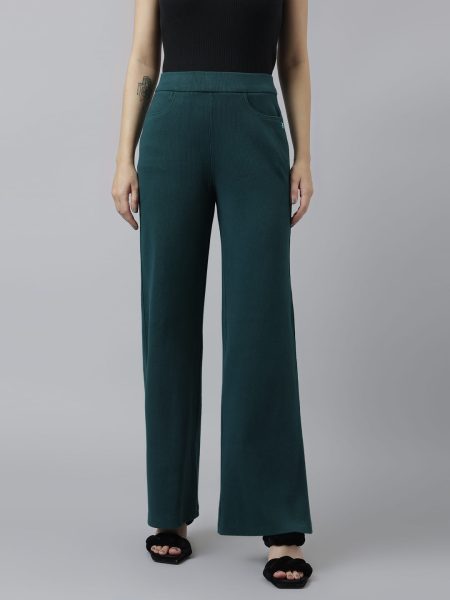 Women Dark Green  Ribbed Wide Leg High-Rise Trousers