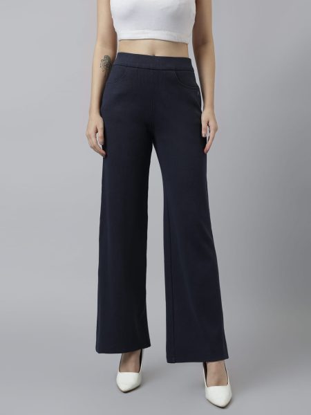 Women Navy  Ribbed Wide Leg High-Rise Trousers