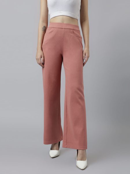 Women Peach Ribbed Wide Leg High-Rise Trousers