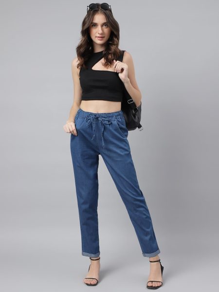 Women Blue Loose Fit Solid Denim Trousers