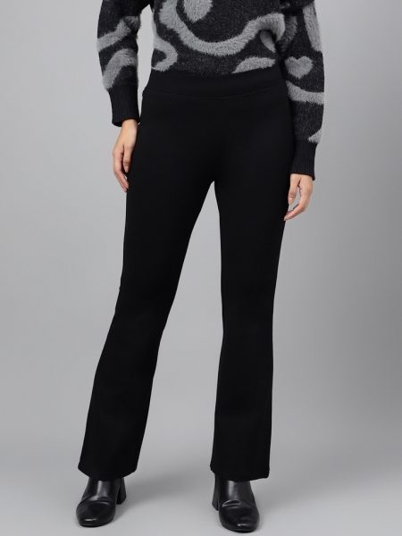 Women Black Comfort Flared High-Rise Trousers