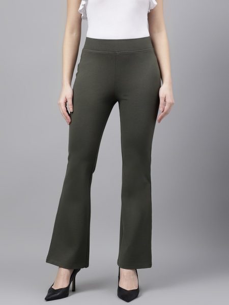 Women Olive Comfort Flared High-Rise Trousers