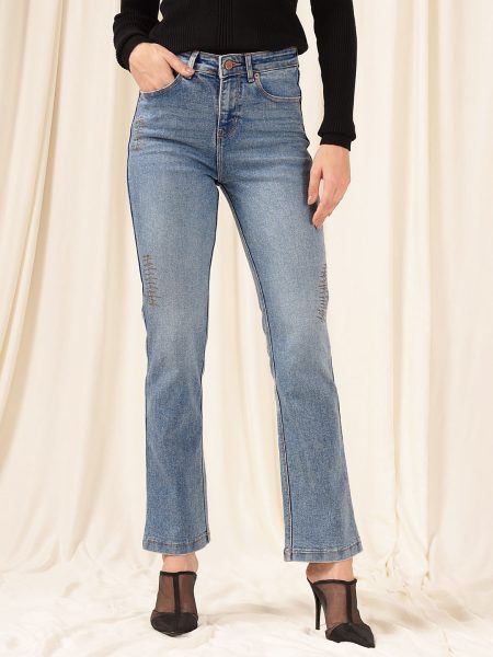 Women Light Blue Comfort Straight Fit High-Rise Stretchable Rugged Denim Jeans