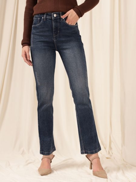 Women Dark Blue Comfort Straight Fit High-Rise Stretchable Rugged Denim Jeans