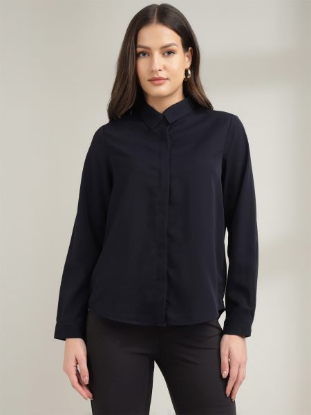 Women Navy full sleeves Regular Fit Casual Shirt