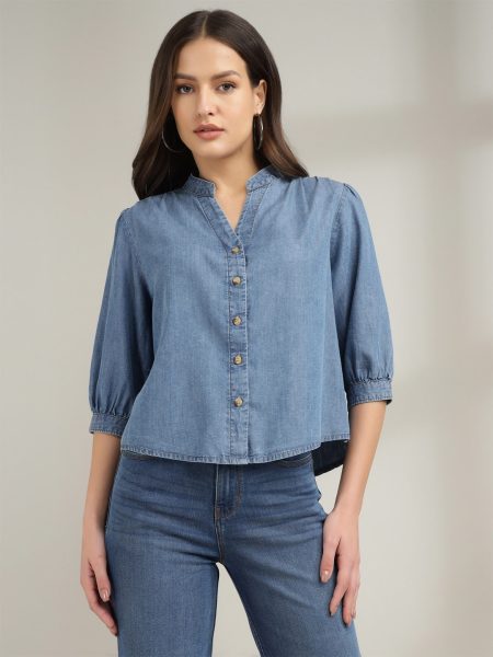 Women Blue Mandarin Collar Three-Quarter Sleeves  Boxy Fit Casual Shirt