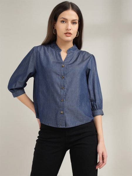 Women Navy Blue Mandarin Collar Three-Quarter Sleeves  Boxy Fit Casual Shirt