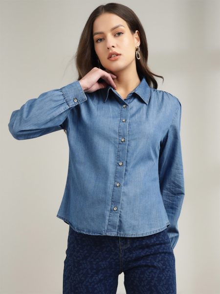 Women Blue Mandarin Collar Long Sleeves  Tailored Fit Denim Shirt