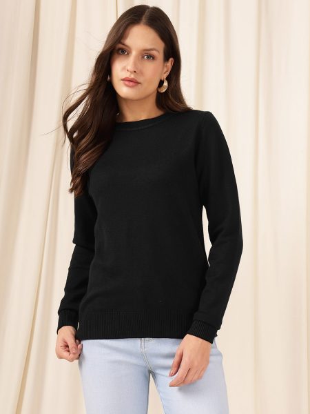 Women Black Round Neck Pullover