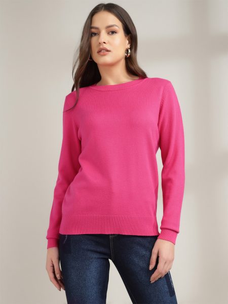 Women Fuchsia Round Neck Pullover