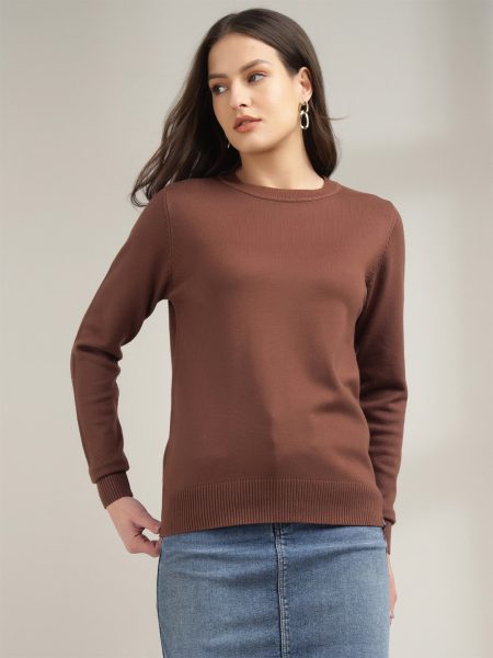 Women Brown Round Neck Pullover