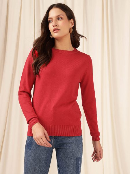 Women Red Round Neck Pullover