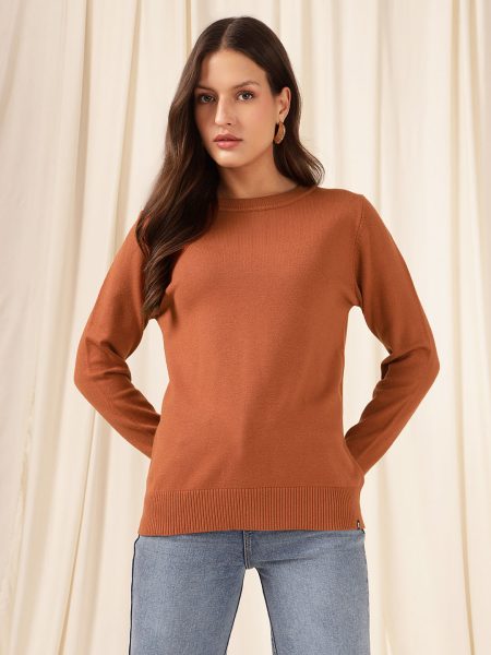 Women Rust Round Neck Pullover