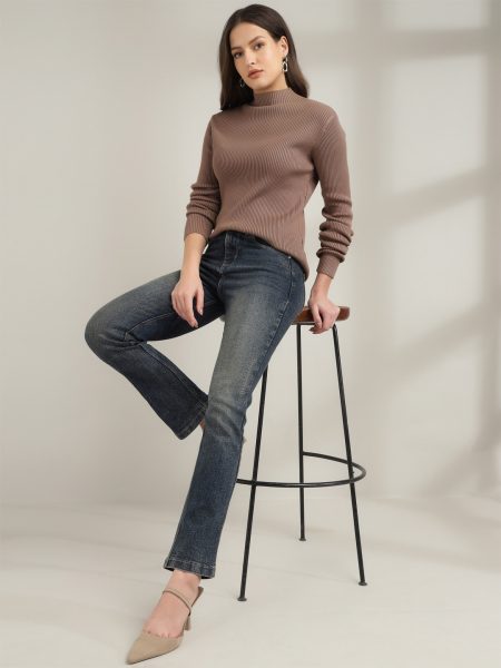 Women Ginger Turtle Neck Long Sleeve Ribbed skivvy