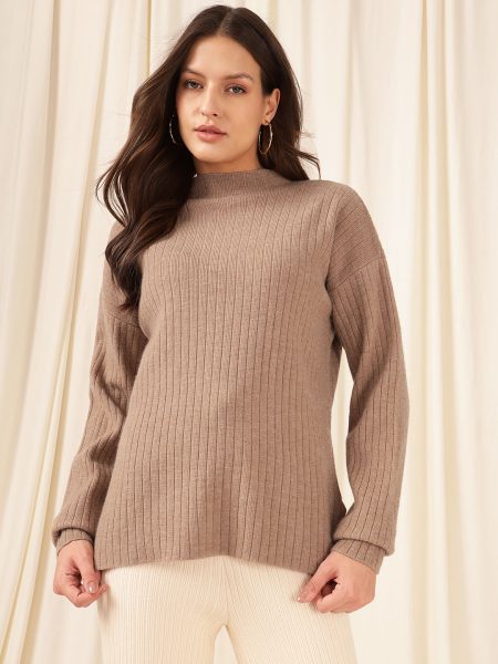 Women Brown Turtle Neck Long Sleeve Ribbed Pullover