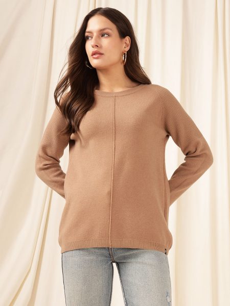 Women Brown Round Neck Pullover