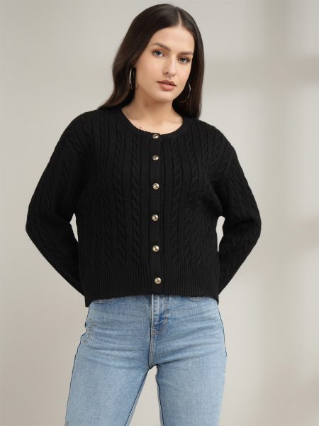 Women Black Ribbed Cardigan