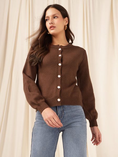 Women Brown Ribbed Cardigan Casual Sweaters