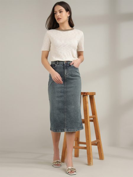 Women Blue High-Rise Denim Pencil Midi Skirt