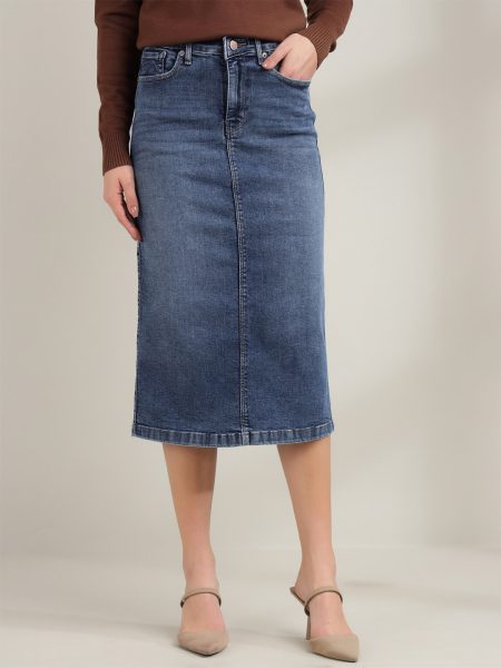 Women Blue High-Rise Denim Pencil Midi Skirt