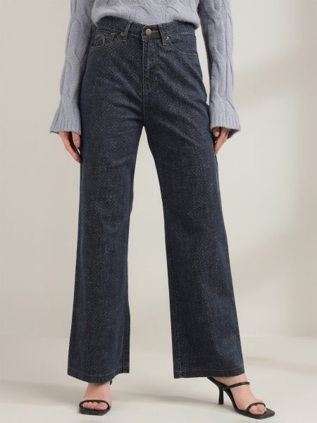 Women jacquard Navy Blue Comfort Super High-Rise Straight Fit  Stretchable Jeans