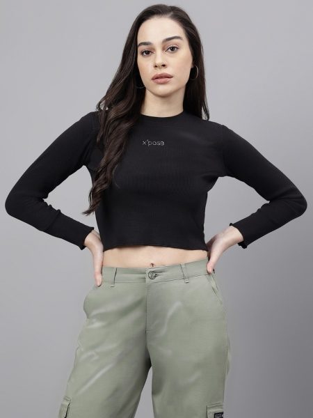 Women Black Round Neck Long Sleeves Ribbed Cotton Crop Fitted Top