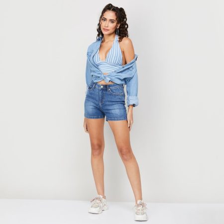 Women Navy Blue High-Rise Denim Shorts