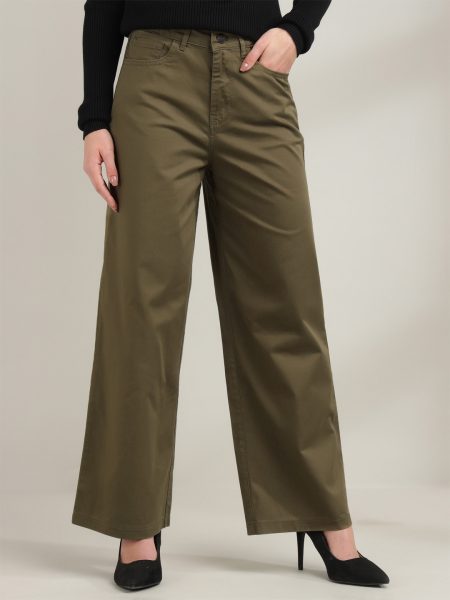 Women Olive Comfort Straight Fit High-Rise Trousers